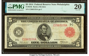 image for: Fr. 834b $5 1914 Red Seal Federal Reserve Note PMG Very Fine 20....