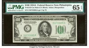 image for: Fr. 2153-C $100 1934A Mule Federal Reserve Note. PMG Gem Uncirculated 65 EPQ....