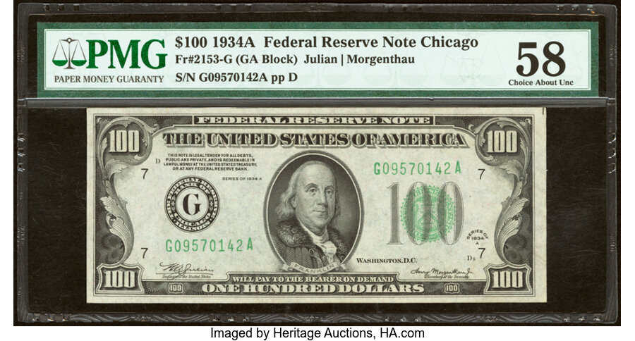 Fr. 2153-G $100 1934A Federal Reserve Note. PMG Choice About Unc 58. ...