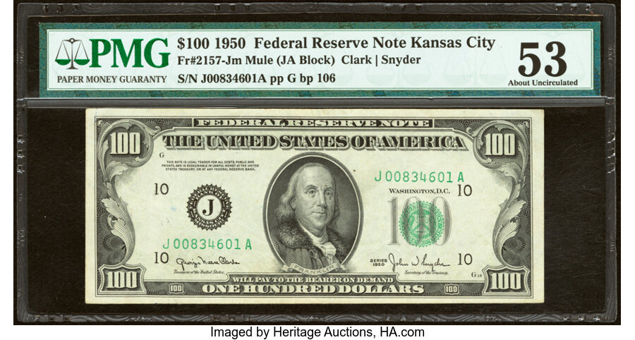 Fr. 2157-J $100 1950 Mule Federal Reserve Note. PMG About Uncirculated 53. ...