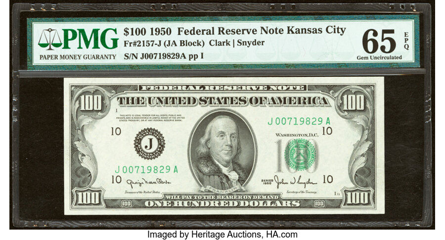 Fr. 2157-J $100 1950 Federal Reserve Note. PMG Gem Uncirculated 65 EPQ. ...