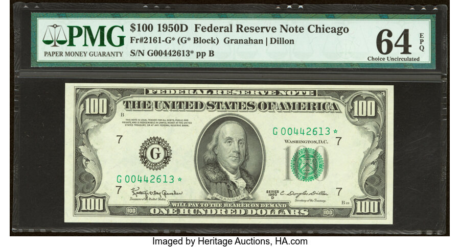 Fr. 2161-G* $100 1950D Federal Reserve Star Note. PMG Choice Uncirculated 64 EPQ. ...