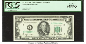 image for: Fr. 2157-B* $100 1950 Mule Federal Reserve Star Note. PCGS Gem New 65PPQ....