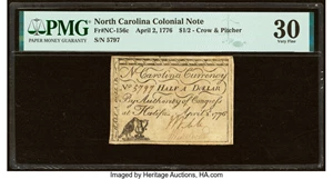 image for: North Carolina April 2, 1776 $1/2 Crow and Pitcher PMG Very Fine 30....