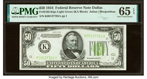 image for: Fr. 2102-K $50 1934 Light Green Seal Federal Reserve Note. PMG Gem Uncirculated 65 EPQ....
