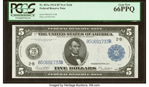 image for: Fr. 851a $5 1914 Federal Reserve Note PCGS Gem New 66PPQ....