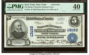 image for: New York, NY - $5 1902 Plain Back Fr. 610 The Bank of America National Assoc Ch. # 13193 PMG Extremely Fine 40....