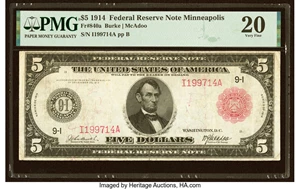 image for: Fr. 840a $5 1914 Red Seal Federal Reserve Note PMG Very Fine 20....