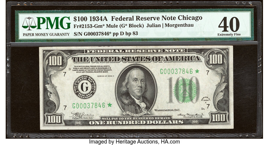 Fr. 2153-G* $100 1934A Mule Federal Reserve Star Note. PMG Extremely Fine 40. ...