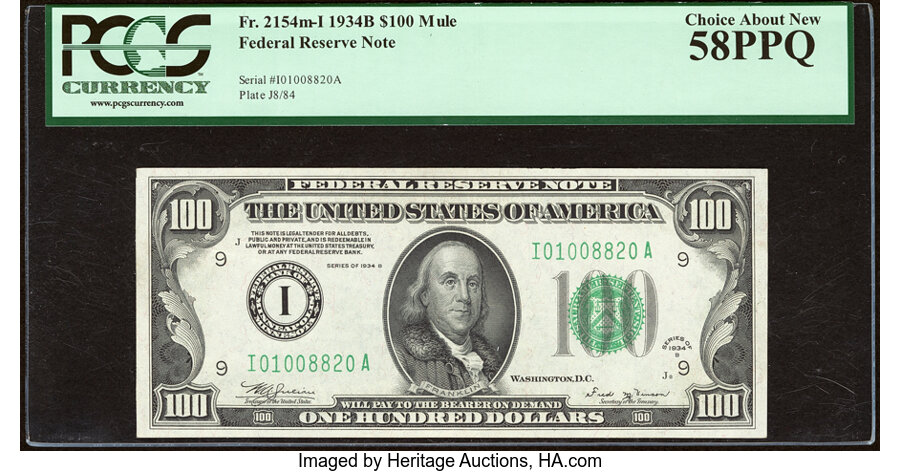Fr. 2154-I $100 1934B Mule Federal Reserve Note. PCGS Choice About New 58PPQ. ...