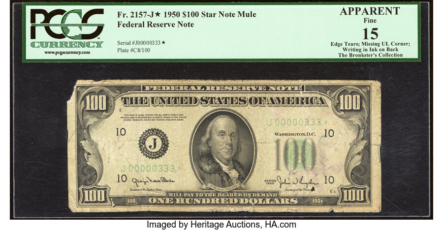 Low Serial Number 333 Fr. 2157-J* $100 1950 Mule Federal Reserve Star Note. PCGS Apparent Fine 15. ...