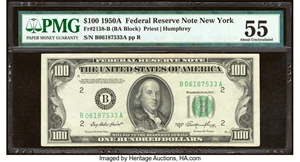 image for: Fr. 2158-B $100 1950A Federal Reserve Note. PMG About Uncirculated 55....
