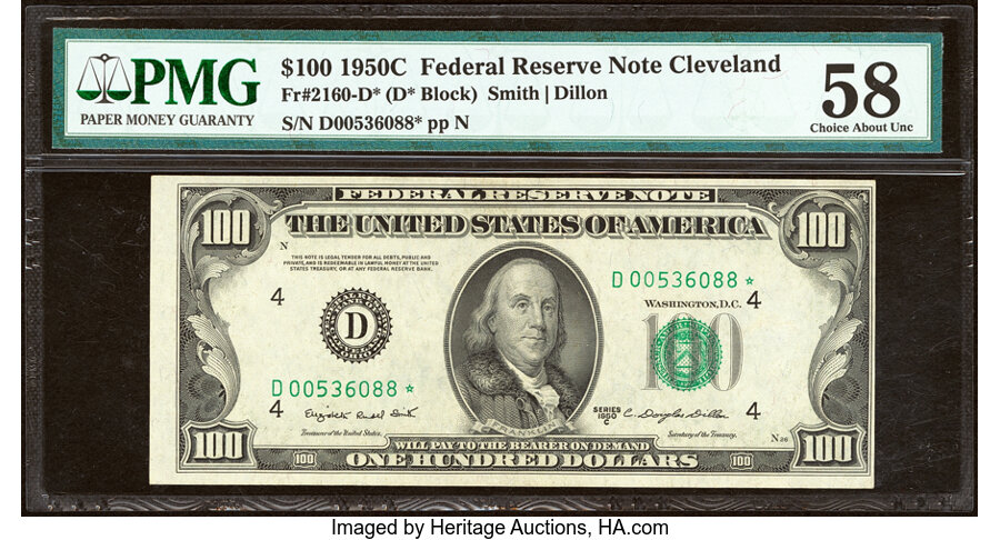 Fr. 2160-D* $100 1950C Federal Reserve Star Note. PMG Choice About Unc 58. ...