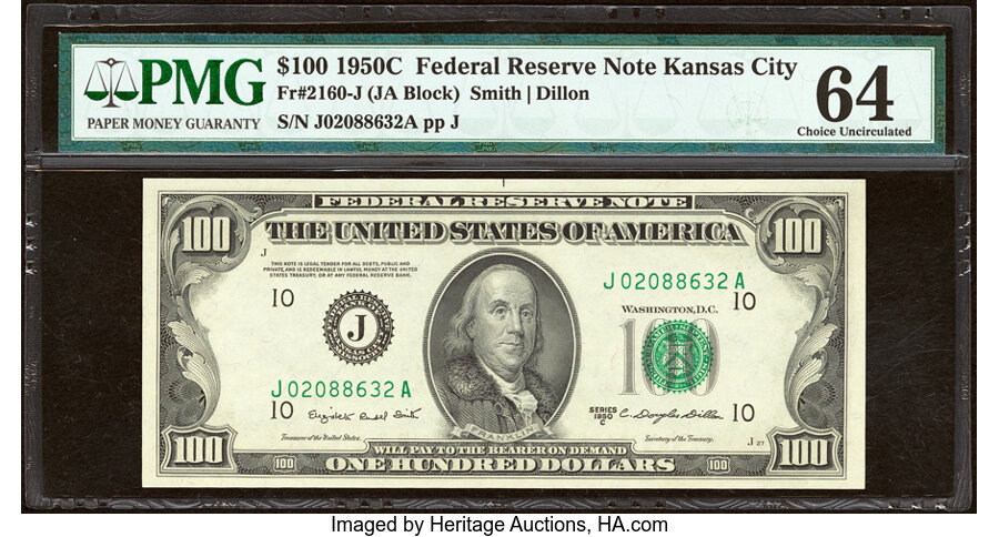Fr. 2160-J $100 1950C Federal Reserve Note. PMG Choice Uncirculated 64. ...