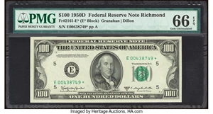 image for: Fr. 2161-E* $100 1950D Federal Reserve Star Note. PMG Gem Uncirculated 66 EPQ....