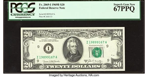 image for: Fr. 2069-I $20 1969B Federal Reserve Note. PCGS Superb Gem New 67PPQ....