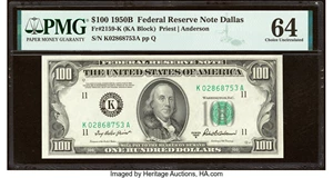image for: Fr. 2159-K $100 1950B Federal Reserve Note. PMG Choice Uncirculated 64....