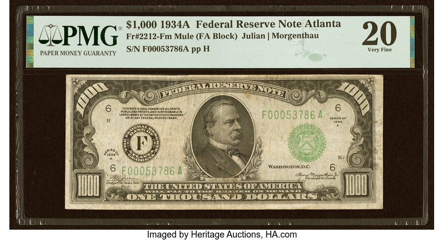 Fr. 2212-F $1,000 1934A Mule Federal Reserve Note. PMG Very Fine 20. ...