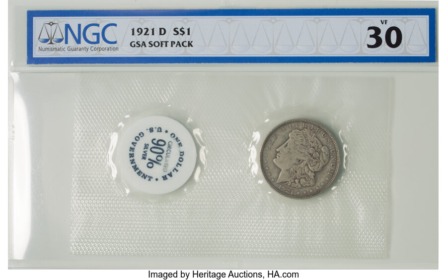 1921-D $1 GSA Soft Pack VF30 NGC. NGC Census: (8/23253). PCGS Population: (13/23870). CDN: $30 Whsle. Bid for NGC/PCGS VF30...