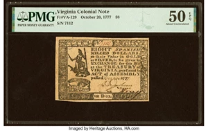 image for: Virginia October 20, 1777 $8 PMG About Uncirculated 50 EPQ....