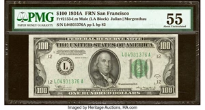 image for: Fr. 2153-L $100 1934A Mule Federal Reserve Note. PMG About Uncirculated 55....