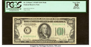 image for: Fr. 2156-C $100 1934D Mule Federal Reserve Note. PCGS Apparent Very Fine 30....