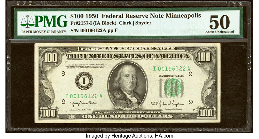 Fr. 2157-I $100 1950 Federal Reserve Note. PMG About Uncirculated 50. ...