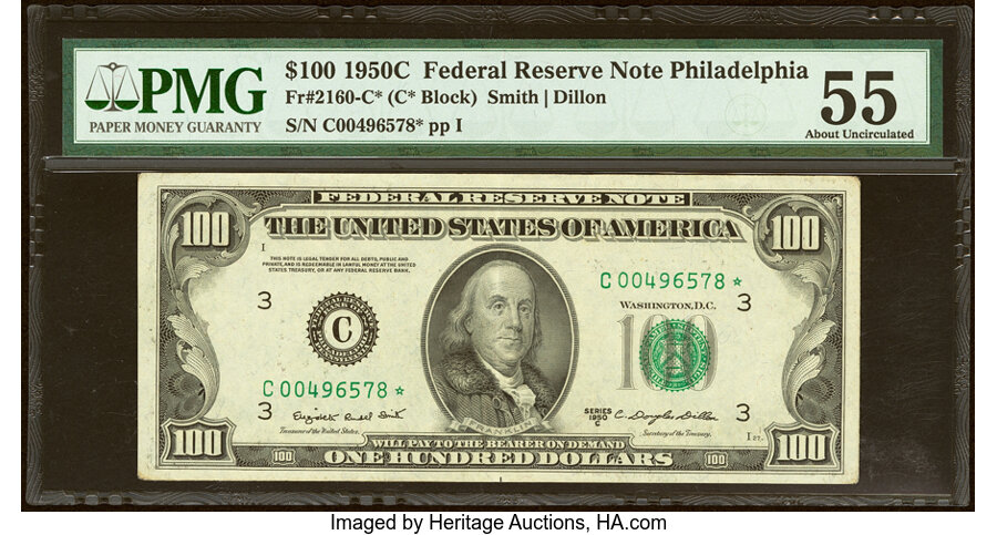 Fr. 2160-C* $100 1950C Federal Reserve Star Note. PMG About Uncirculated 55. ...