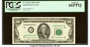 image for: Fr. 2160-J $100 1950C Federal Reserve Note. PCGS Gem New 66PPQ....