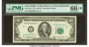image for: Fr. 2161-E* $100 1950D Federal Reserve Star Note. PMG Gem Uncirculated 66 EPQ*....