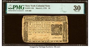 image for: New York March 5, 1776 $5 PMG Very Fine 30....