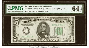 image for: Fr. 1956-L $5 1934 Mule Federal Reserve Note. PMG Choice Uncirculated 64 EPQ....