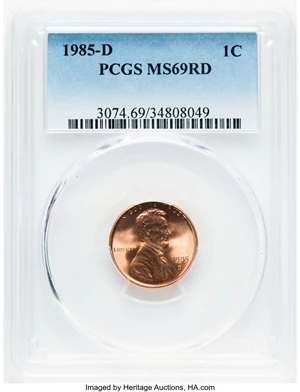 image for: 1985-D 1C MS69 Red PCGS. PCGS Population: (10/0). NGC Census: (6/0). CDN: $1,200 Whsle. Bid for NGC/PCGS MS69. ...