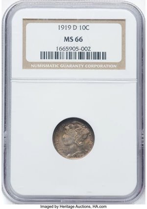 image for: 1919-D 10C MS66 NGC. NGC Census: (6/1). PCGS Population: (9/0). CDN: $2,750 Whsle. Bid for NGC/PCGS MS66. Mintage 9,939,000...