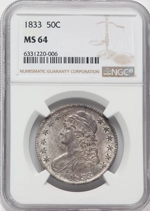image for: 1833 50C O-105, R.1, MS64 NGC. NGC Census: (1/1). PCGS Population: (1/0). CDN: $2,200 Whsle. Bid for NGC/PCGS MS64. Mintage...
