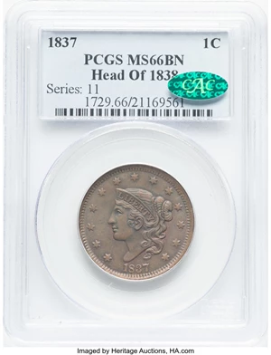 image for: 1837 1C Head of 1838, N-10, R.1, MS66 Brown PCGS. CAC. PCGS Population: (12/0). NGC Census: (18/0). CDN: $1,500 Whsle. Bid ...