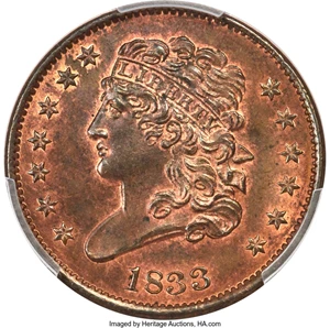 image for: 1833 1/2 C C-1, B-1, R.1, MS66 Red and Brown PCGS. CAC....