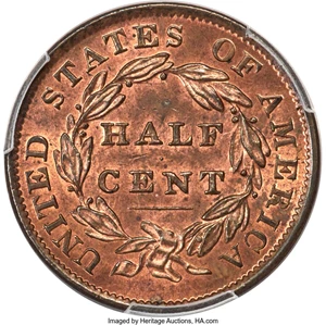image for: 1833 1/2 C C-1, B-1, R.1, MS66 Red and Brown PCGS. CAC....