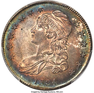 image for: 1834 50C Small Date, Small Letters, O-118, R.4, MS65 PCGS. CAC....