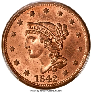image for: 1842 1C Large Date, N-5, R.3, MS65 Red PCGS....