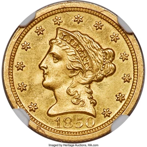 image for: 1850-O $2 1/2 -- Obverse Lamination -- MS63+ NGC. Variety 4. ...