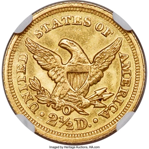 image for: 1850-O $2 1/2 -- Obverse Lamination -- MS63+ NGC. Variety 4. ...