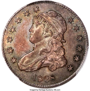 image for: 1828 25C 25 Over 50C, B-3, R.5, MS63 PCGS. CAC....