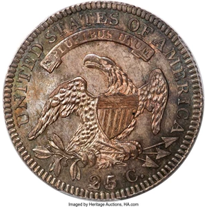 image for: 1828 25C 25 Over 50C, B-3, R.5, MS63 PCGS. CAC....