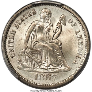 image for: 1867-S 10C F-102, R.4, MS65 PCGS. CAC....