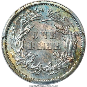 image for: 1871-S 10C Repunched Date, F-101, R.4, MS65+ PCGS. CAC....