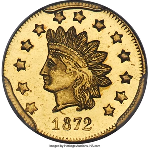 image for: 1872 $1 Indian Round Dollar, BG-1208, Low R.6, MS64 Prooflike PCGS....