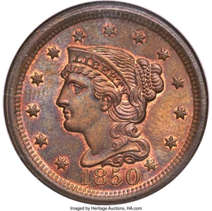 image for: 1850 1C N-1, R.2, MS67 Brown NGC. CAC....