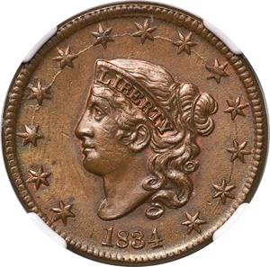 image for: 1834 1C Small 8, Large Stars, Medium Letters, N-1, R.1, MS64 Brown NGC....