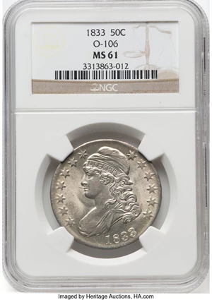 image for: 1833 50C O-106, R.2, MS61 NGC. NGC Census: (2/3). PCGS Population: (0/4). CDN: $880 Whsle. Bid for NGC/PCGS MS61. Mintage 5...